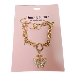 Juicy Couture Gold Tone Slider Butterfly With Crown Ring Charm Lariat Bracelet